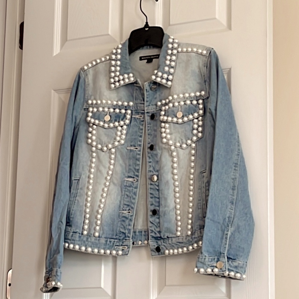 NWT Boston Proper Pearl Embellished Denim Jacket - originally $195! - Picture 3 of 11